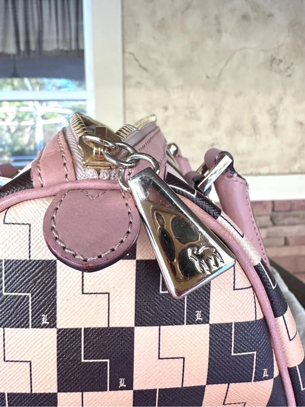 L.A.M.B. ~ Gwen Stefani Monogram Satchel Signature Print Brown Tan Leather - Picture 15 of 16